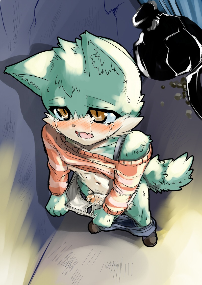 alley anthro biped blouse blush bodily_fluids bottomwear brown_eyes clothed clothing crossdressing crying e621 erection fangs femboy footwear foreskin genital_fluids genitals green_hair hair high-angle_view humanoid_genitalia humanoid_penis male navel nipples open_mouth pants partially_retracted_foreskin penis precum sad shaolin_bones shoes shota solo standing sweat tail tears teeth tongue topwear underwear undressing young young_anthro young_male