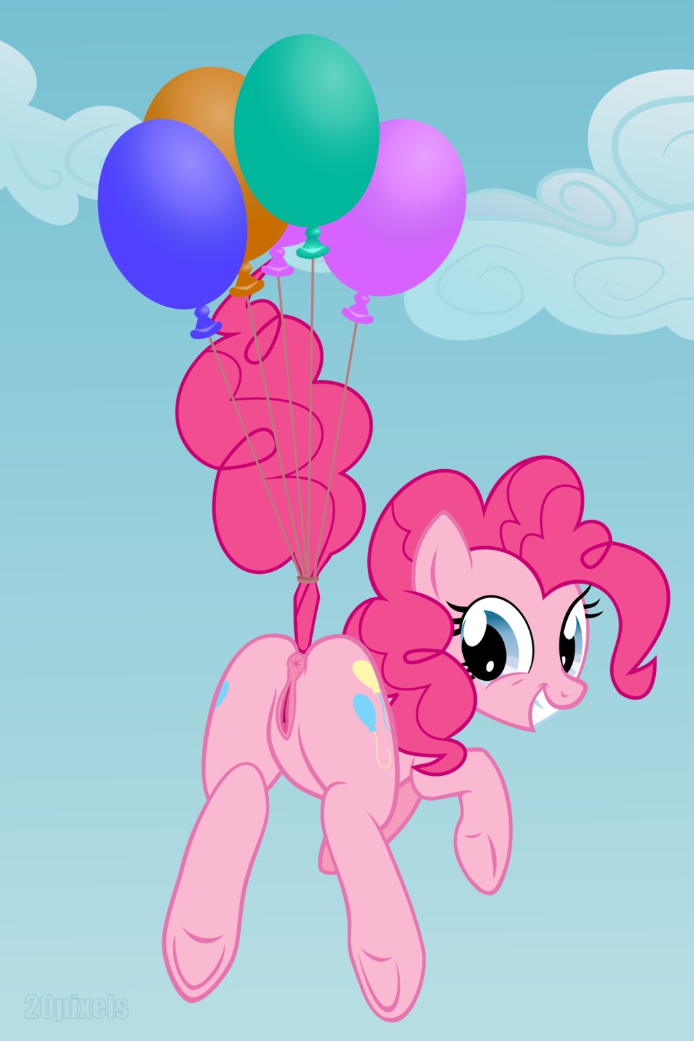 2012 20pixels 2:3 absurd_res anus attached_to_balloon balloon balloon_support blue_eyes butt cloud cutie_mark e621 earth_pony equid equine female feral flying friendship_is_magic fur genitals grin hair hanging_from_balloon hasbro hi_res horse inflatable inflatable_support looking_at_viewer looking_back mammal my_little_pony nude outside pink_body pink_fur pink_hair pinkie_pie_(mlp) pony simple_background sky skyscape smile solo tail vulva