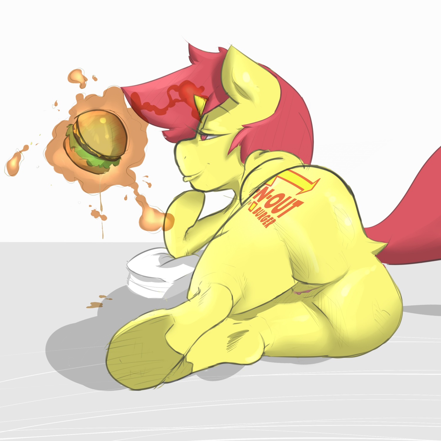 1:1 2014 absurd_res arm_support burger cutie_mark e621 equid equine female feral food fur genitals hair half-closed_eyes hasbro hi_res horn in-n-out lying magic mammal mane mcnims my_little_pony mythological_creature mythological_equine mythology narrowed_eyes on_side raised_tail red_eyes red_hair shaded short_hair simple_background smile solo tail unicorn vulva yellow_body yellow_fur