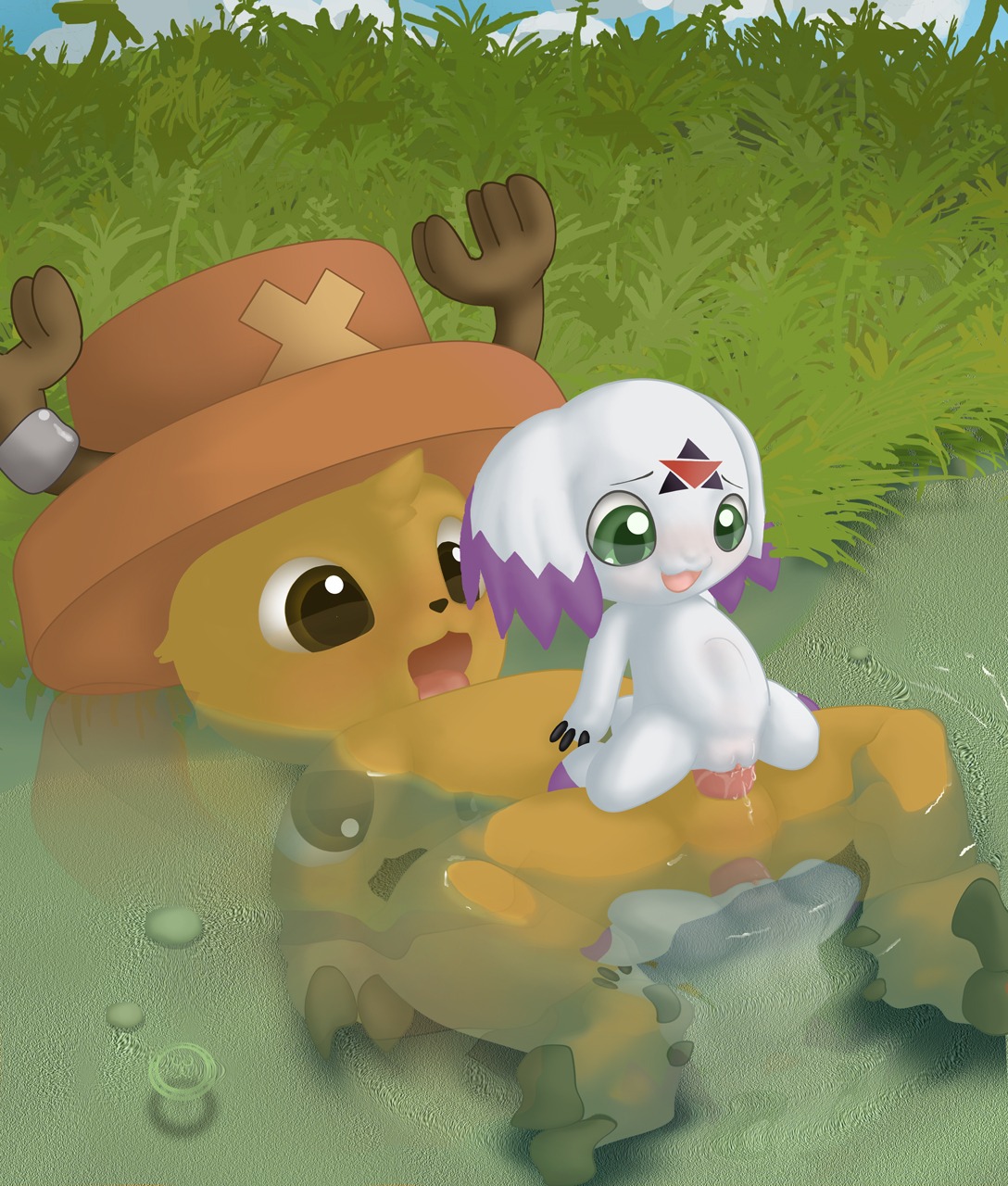 anthro antlers balls bandai_namco calumon clothing conditional_dnp deer digimon digimon_(species) duo e621 erection facial_markings female feral forehead_markings genitals hat head_markings headgear headwear hi_res hooves horn male male/female mammal markings mostly_nude new_world_deer nude one_piece penis reindeer symbol tony_tony_chopper tricksta vulva water zero_unit