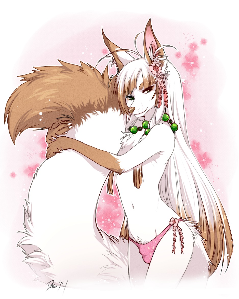 2014 accessory anthro big_tail biped brown_hair brown_nose bulge canid canine clothed clothing crossdressing dagger_leonelli e621 femboy floral_background flower flower_in_hair fluffy fluffy_tail fox fur green_eyes hair hair_accessory holding_own_tail holding_tail jewelry long_hair looking_at_viewer majime male mammal masahiro navel necklace panties plant simple_background skimpy slim solo standing tail tan_body tan_fur underwear white_body white_fur white_hair