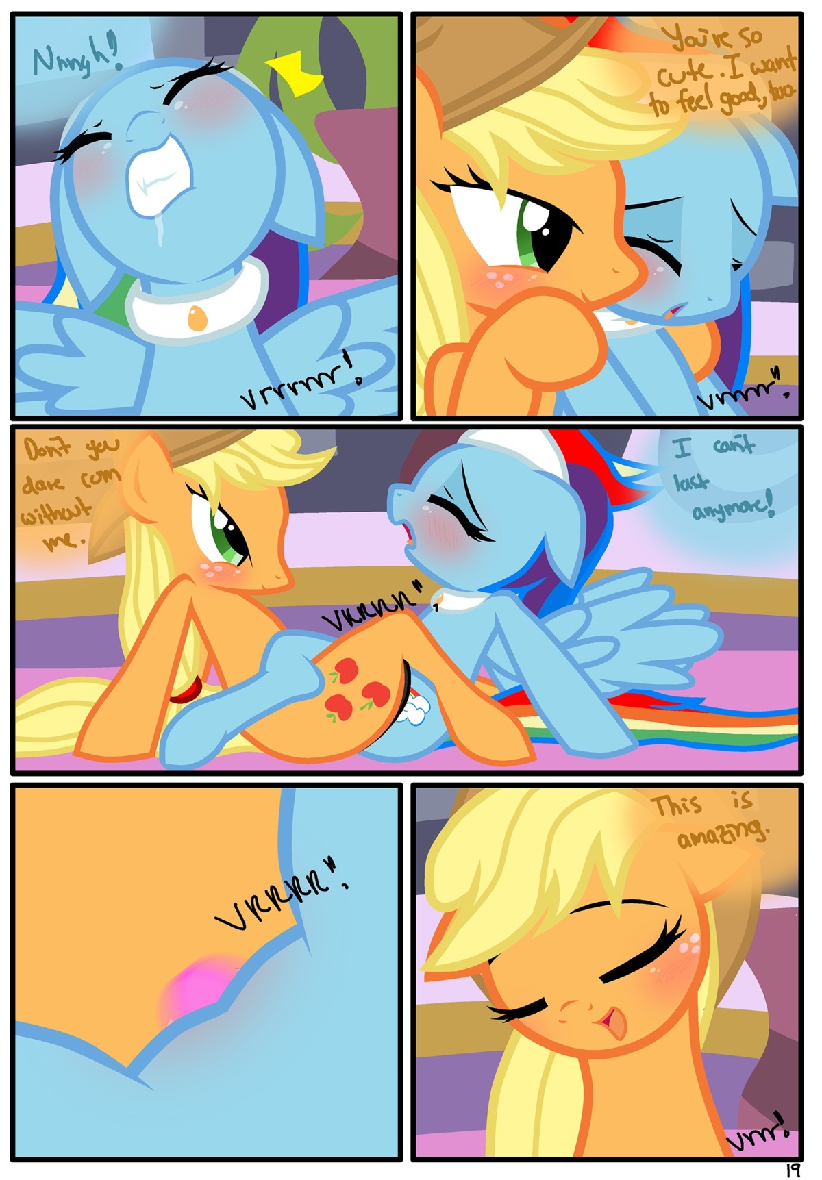absurd_res applejack_(mlp) blonde_hair blue_body blue_feathers blue_fur blush bodily_fluids border comic dialogue drooling duo e621 earth_pony english_text equid equine eyes_closed feathered_wings feathers female female/female feral freckles friendship_is_magic fur green_eyes hair hasbro hi_res horse mammal multicolored_hair my_little_pony mythological_creature mythological_equine mythology pegasus pony pyruvate rainbow_dash_(mlp) rainbow_hair saliva sex sex_toy spa tail text text_border vaginal vibrator wing_boner wings