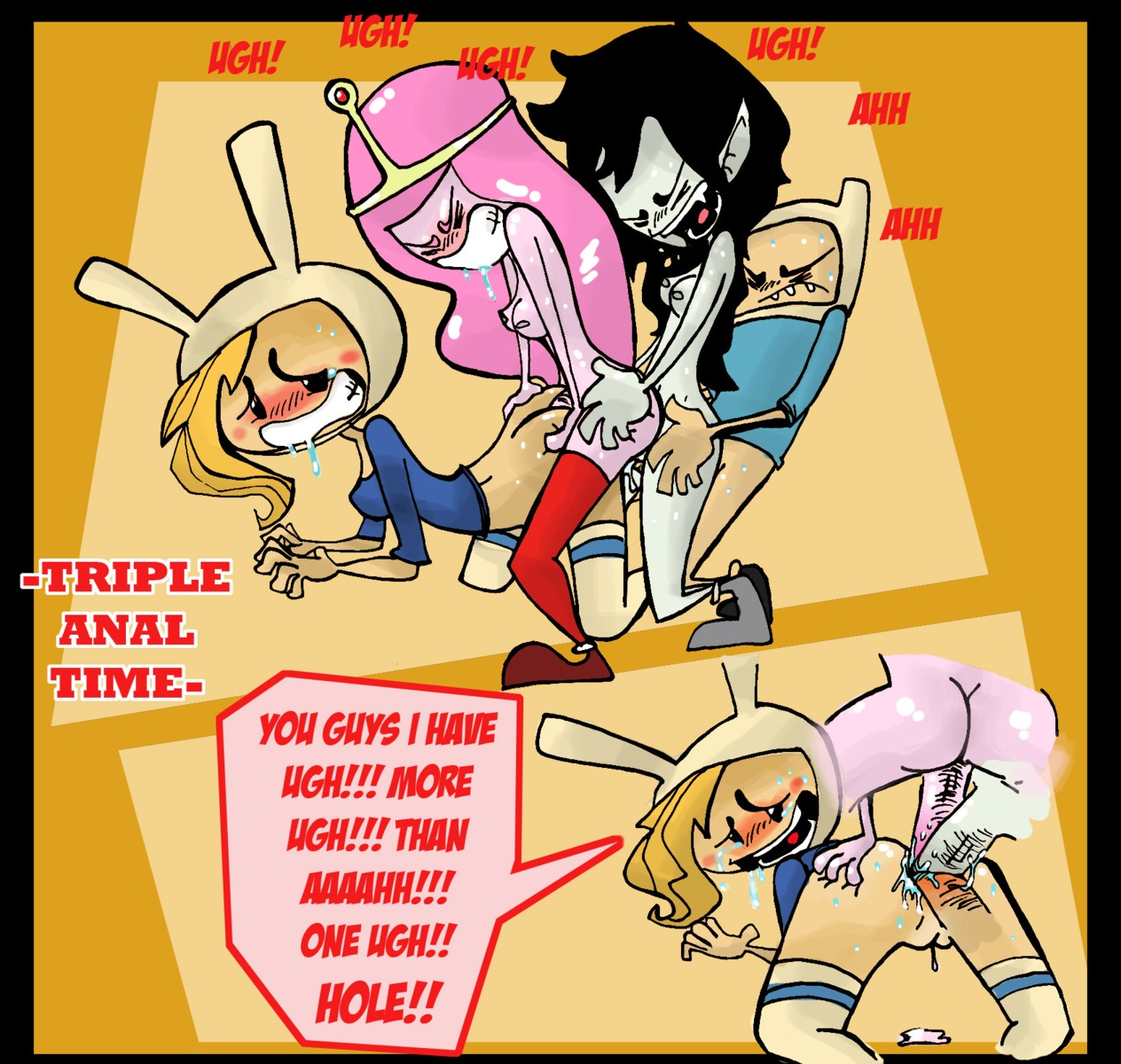 1boy 3girls adventure_time anal artist_request blonde_hair blush bunny_ears female finn_the_human fionna_the_human_girl futa_on_female futanari intersex love_train male marceline princess_bubblegum pussy rule34 sex_train_position triple_anal