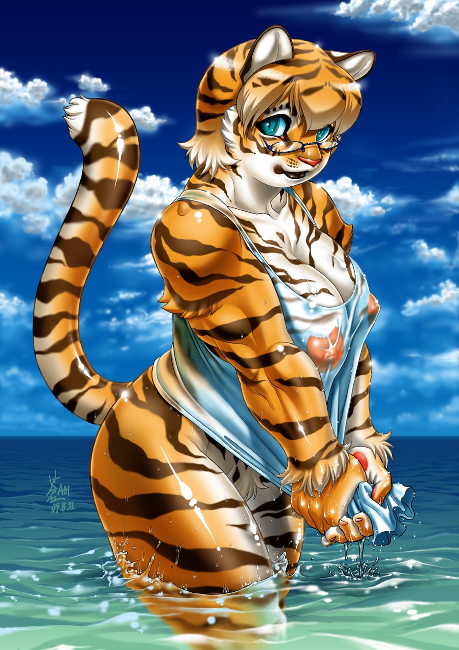 anthro aoi_takayuki areola biceps blue_eyes bottomless breasts clothed clothing cloud detailed_background e621 eyewear felid female glasses glistening hi_res looking_at_viewer mammal muscular muscular_anthro muscular_female nipple_outline nipples outside pantherine sea seascape shirt sky solo stripes tail tiger topwear translucent translucent_clothing water wet wet_clothing wet_shirt wet_topwear