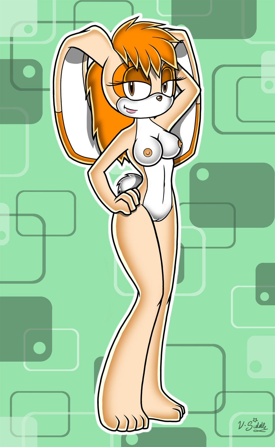 anthro barefoot breasts female female_only front_view fur hand_on_hip looking_at_viewer mammal nude orange_fur pose rabbit rule34 sega solo sonic_(series) sonic_the_hedgehog_(series) standing tagme tan_fur uncensored vanilla_the_rabbit white_fur