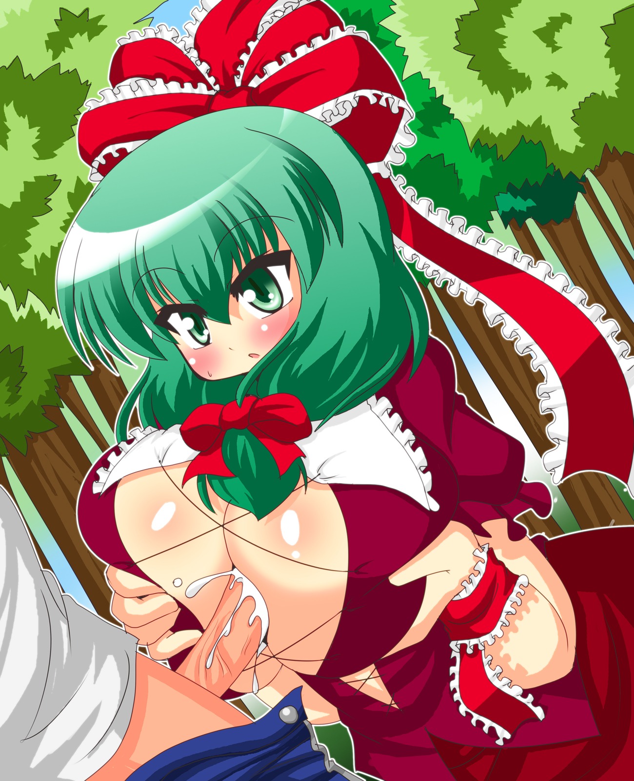 bow breasts cum cum_on_breasts dress female green_eyes green_hair hair_ribbon hairbow huge_breasts kagiyama_hina male oppai paizuri ribbon rule34 straight touhou tree