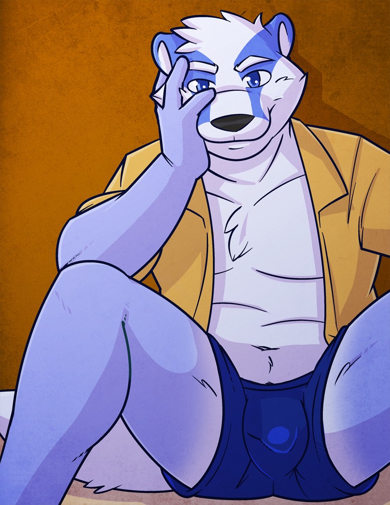 2013 anthro badger balls_outline biped black_nose blue_body blue_clothing blue_eyes blue_fur blue_underwear boxers_(clothing) bulge chest_tuft clamcrusher clothed clothing detailed_bulge e621 fur genital_outline hand_on_face jay_wolfe looking_at_viewer male mammal mustelid musteline navel open_clothing open_shirt open_topwear penis_outline shirt sitting smile solo spread_legs spreading topwear tuft underwear