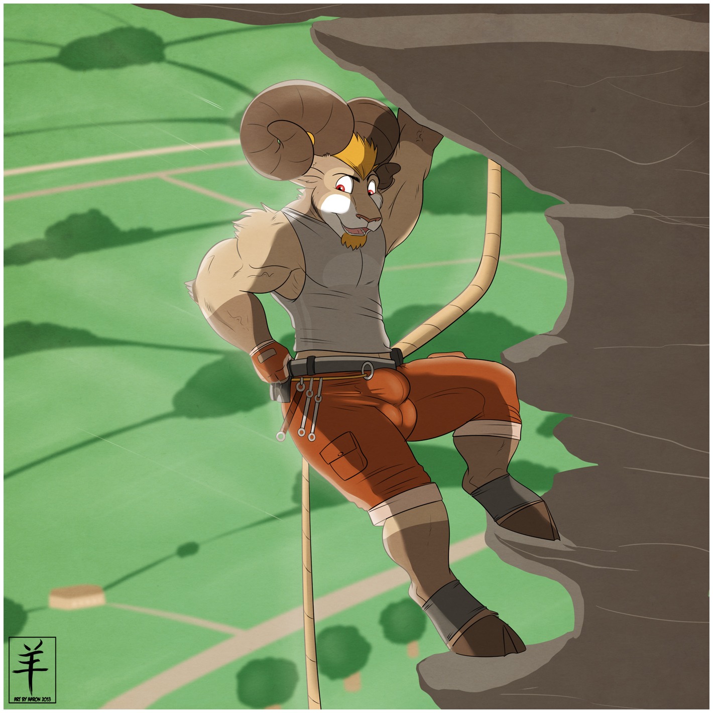 1:1 2013 aaron_(artist) anthro athletic balls_outline beard belt biceps big_muscles bighorn_sheep blonde_hair border bottomwear bovid bovid_horn brown_body brown_eyes brown_fur bulge caprine caprine_horn climbing clothed clothing detailed_bulge digital_media_(artwork) e621 facial_hair fully_clothed fur genital_outline gloves hair handwear hi_res hooves horn male mammal muscular muscular_anthro muscular_male open_mouth pants pecs pink_nose pose ram_horn rammy_aaron red_eyes rock_climbing sheep shirt shorts solo tan_body tan_fur tank_top teeth tongue topwear vein white_border
