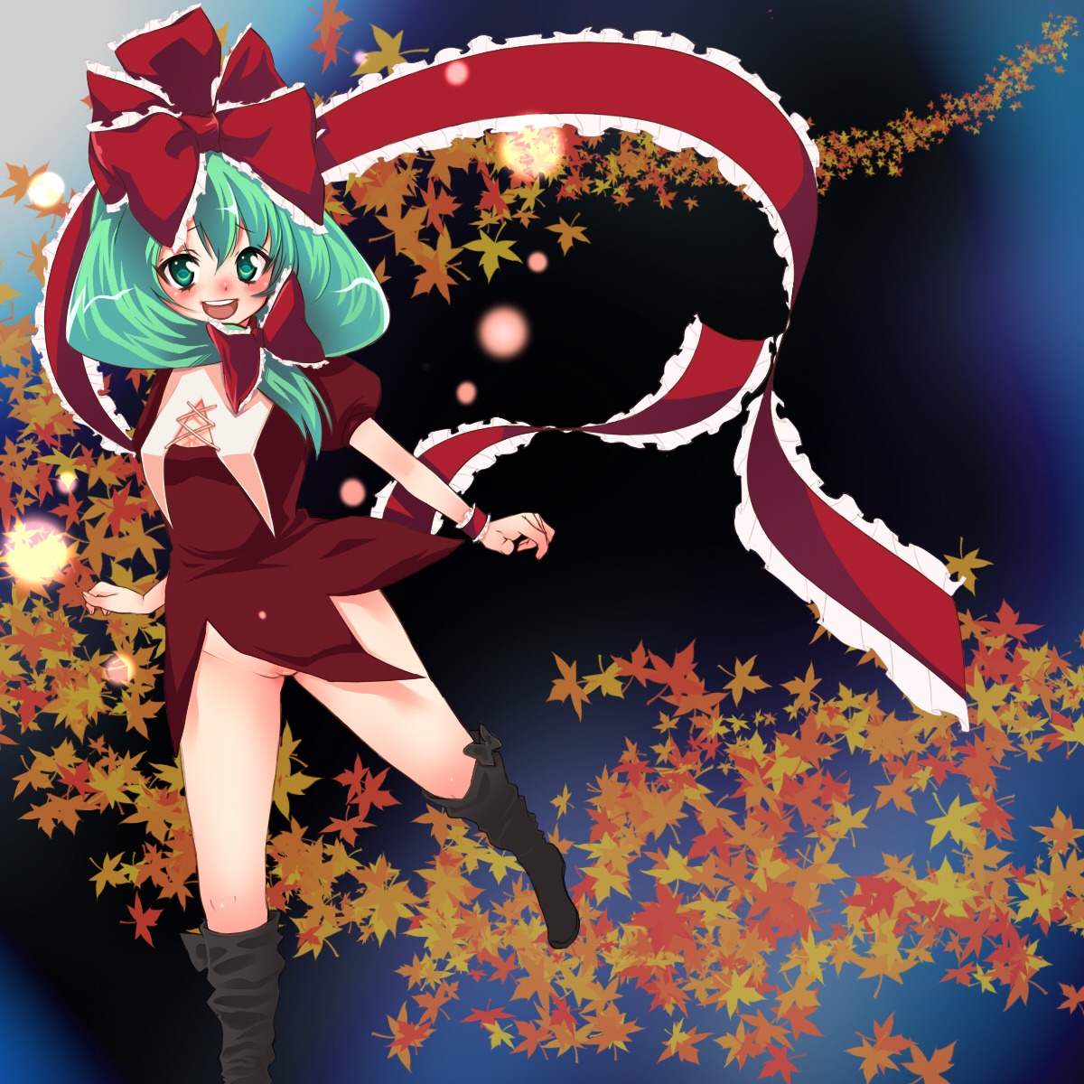 bottomless bow c2 dress female green_eyes green_hair hair_ribbon hairbow highres kagiyama_hina leaf no_panties ribbon rule34 smile solo touhou