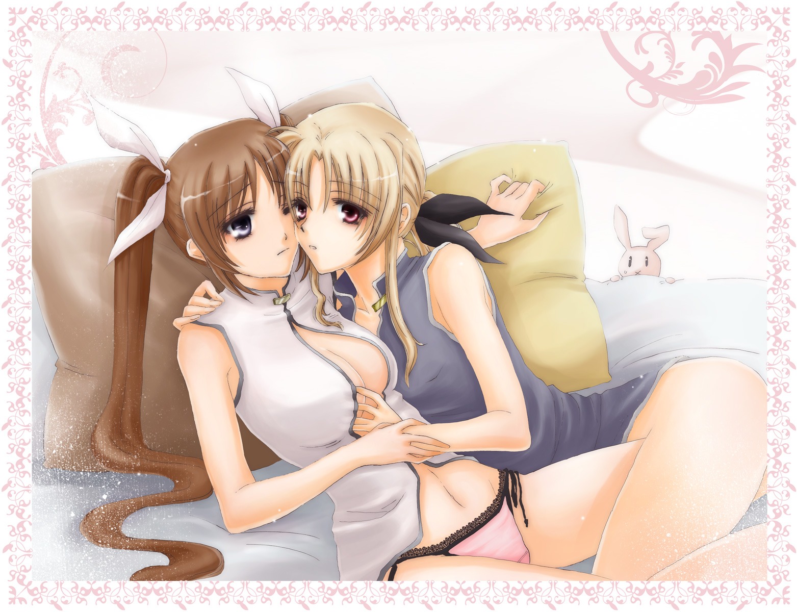 2girls black_ribbon blonde_hair blue_eyes breast_grab breasts brown_hair cleavage eyebrows_visible_through_hair fate_testarossa female female_only hair_ribbon hand_behind_back highres lina_(interlude) long_hair lyrical_nanoha mahou_shoujo_lyrical_nanoha mahou_shoujo_lyrical_nanoha_strikers medium_breasts multiple_females multiple_girls nanoha_takamachi navel open_clothes open_shirt panties pillow pillow_grab red_eyes ribbon rule34 shirt takamachi_nanoha tied_hair twintails underwear undressing undressing_another very_long_hair white_ribbon wink yuri
