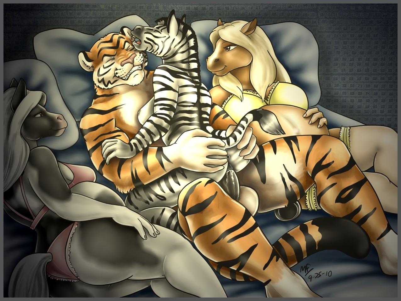 2010 anthro anus balls bed bedroom belly big_balls big_belly black_nipples bodily_fluids both_pregnant bra breasts butt clothed clothing conditional_dnp cum cum_in_vagina cum_inside digital_media_(artwork) dominant e621 equid equine erection eyes_closed felid female foursome fur furniture gangbang genital_fluids genitals group group_sex hair harem horse inside interspecies larger_dom larger_male legwear long_hair male male/female male_penetrating mammal mane moodyferret multiple_pregnancies nipples nude on_bed orgasm pantherine panties partran_(tiger) penetration penis pink_nose pregnant pregnant_anthro pregnant_female reverse_gangbang sex shaded side_boob size_difference skimpy smaller_female stockings striped_body striped_fur stripes tail tiger underwear vaginal vaginal_penetration vulva winterrock_(partran) zebra