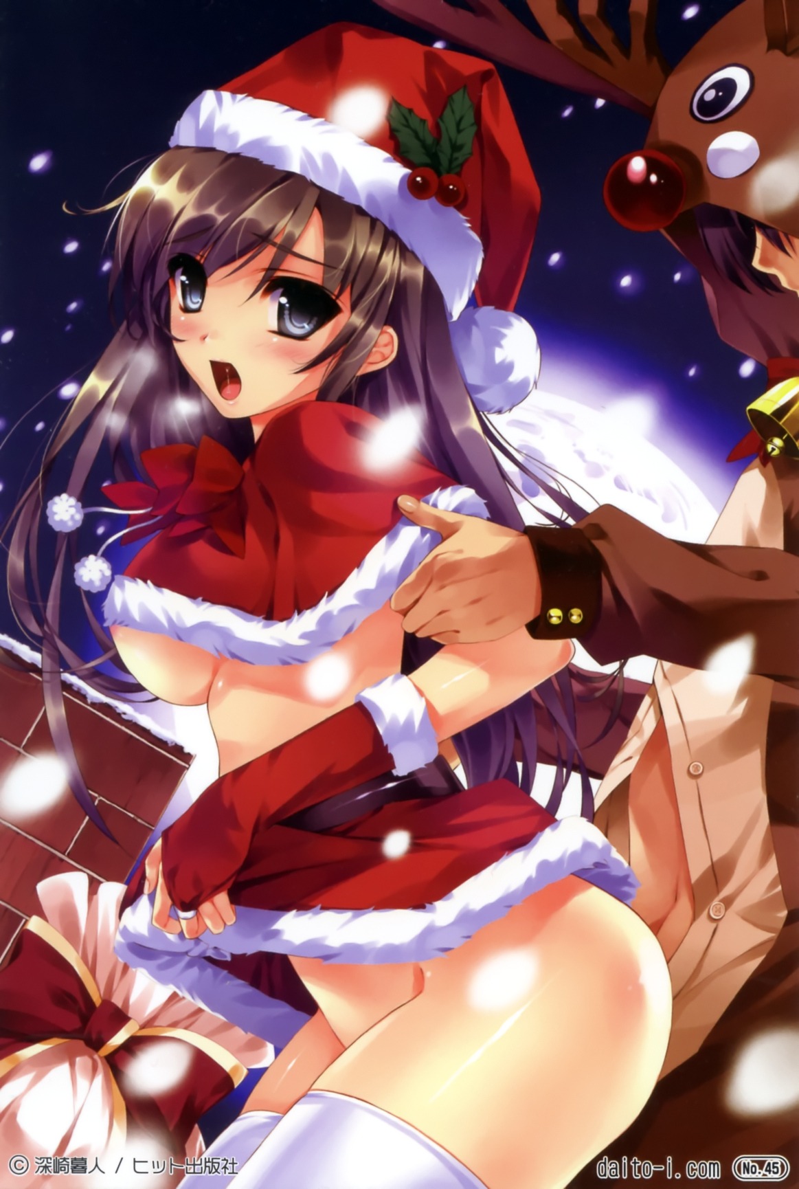 areolae arm_grab black_eyes blush breasts breath bridal_gauntlets brown_hair capelet christmas costume female fingerless_gloves full_moon fur_trim gloves hat highres long_hair misaki_kurehito moon no_bra no_panties open_mouth original png_version_available reindeer reindeer_costume rule34 sack saliva santa_costume santa_hat sex shawl skirt skirt_lift snow thighhighs underboob white_legwear white_thighhighs