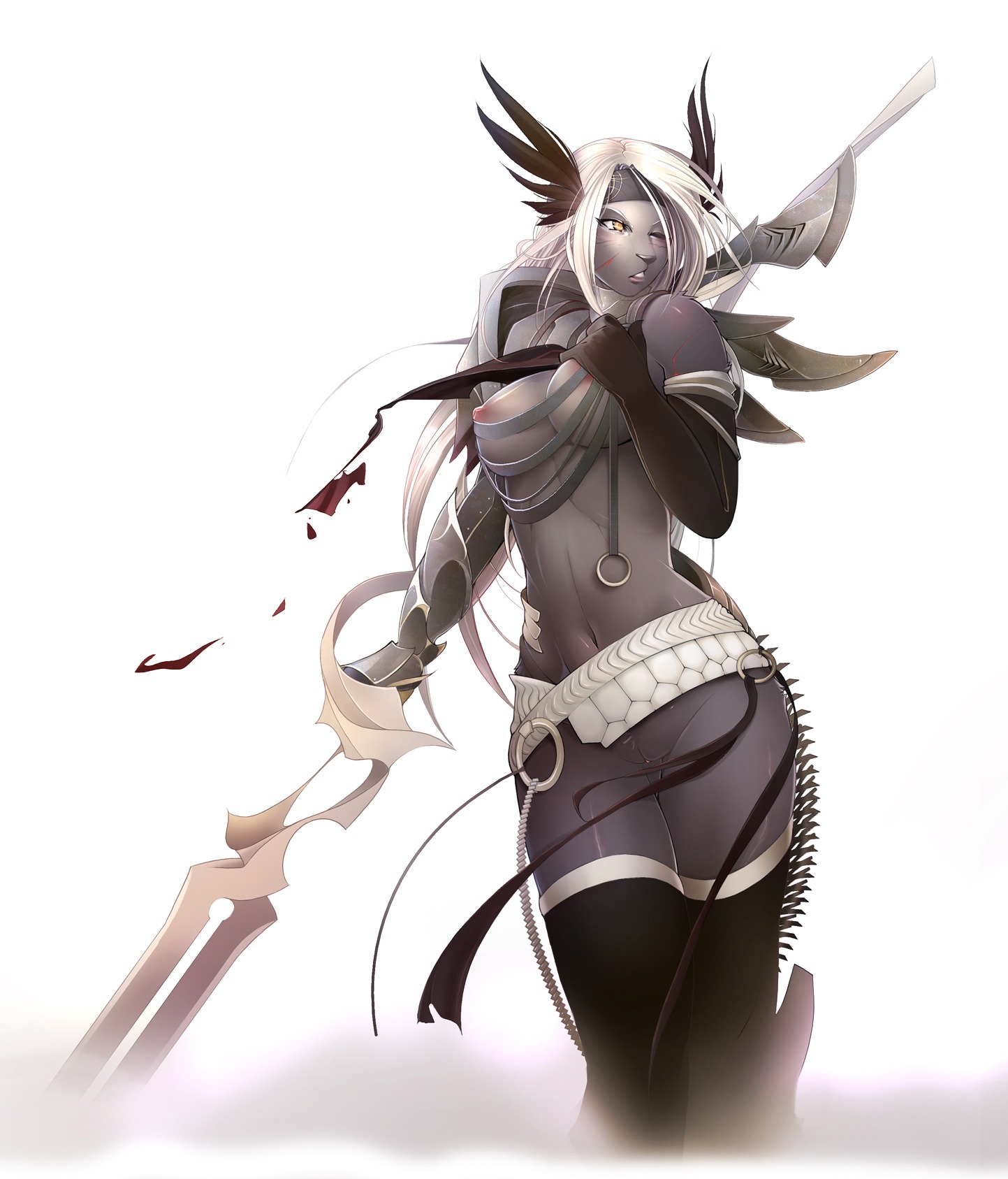 anthro armor azza big_breasts biped bottomless breasts chain clothed clothing coeurl digital_media_(artwork) domestic_cat e621 feathered_ears felid feline felis female fur genitals gloves grey_body grey_fur hair handwear hi_res holding_object holding_weapon humanoid_genitalia humanoid_vulva lance legwear mammal melee_weapon nipples pink_nipples polearm purple_body purple_fur shaded solo standing sword thigh_highs topless tsampikos unconvincing_armor vulva warrior weapon white_hair