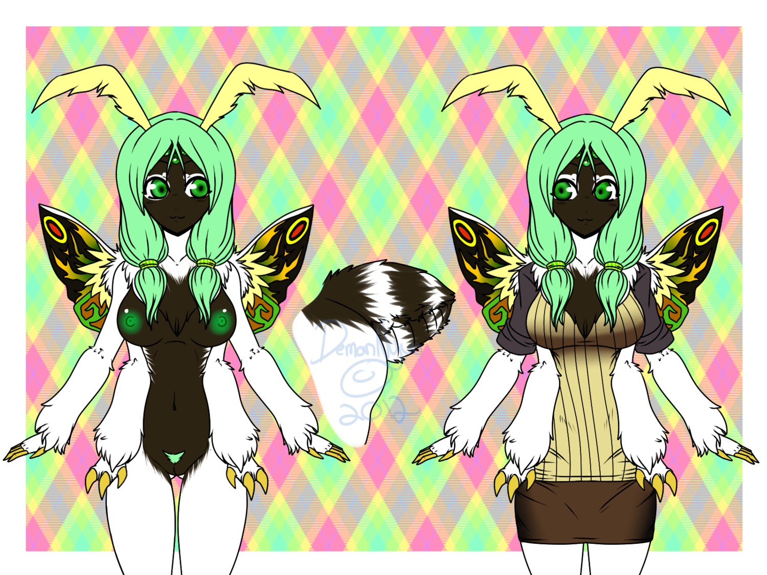 2012 4:3 accessory antennae_(anatomy) areola arthropod arthropod_abdomen bottomwear breasts claws clothing e621 female fluffy fur genitals green_eyes green_hair hair hair_accessory hairband hi_res insect insect_wings lepidopteran looking_at_viewer miniskirt moth multi_limb multicolored_body multicolored_fur nipples non-mammal_breasts non-mammal_nipples nyuumew_(artist) pattern_background pubes shorts signature simple_background skirt solo two_tone_body two_tone_fur vulva wings