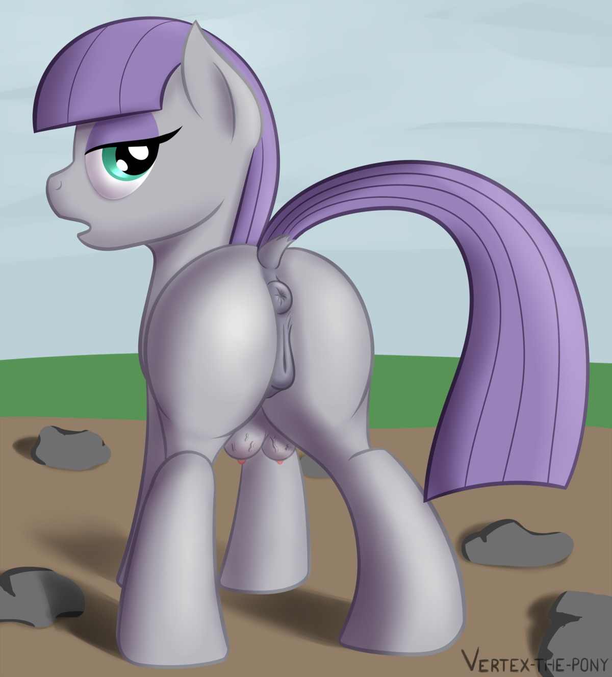 2014 absurd_res anus blue_eyes butt e621 earth_pony equid equine female feral friendship_is_magic fur genitals grey_body grey_fur hair half-closed_eyes hasbro hi_res horse looking_at_viewer looking_back looking_back_at_viewer mammal maud_pie_(mlp) my_little_pony narrowed_eyes nipples open_mouth outside pony purple_hair rock solo standing teats vertex vulva