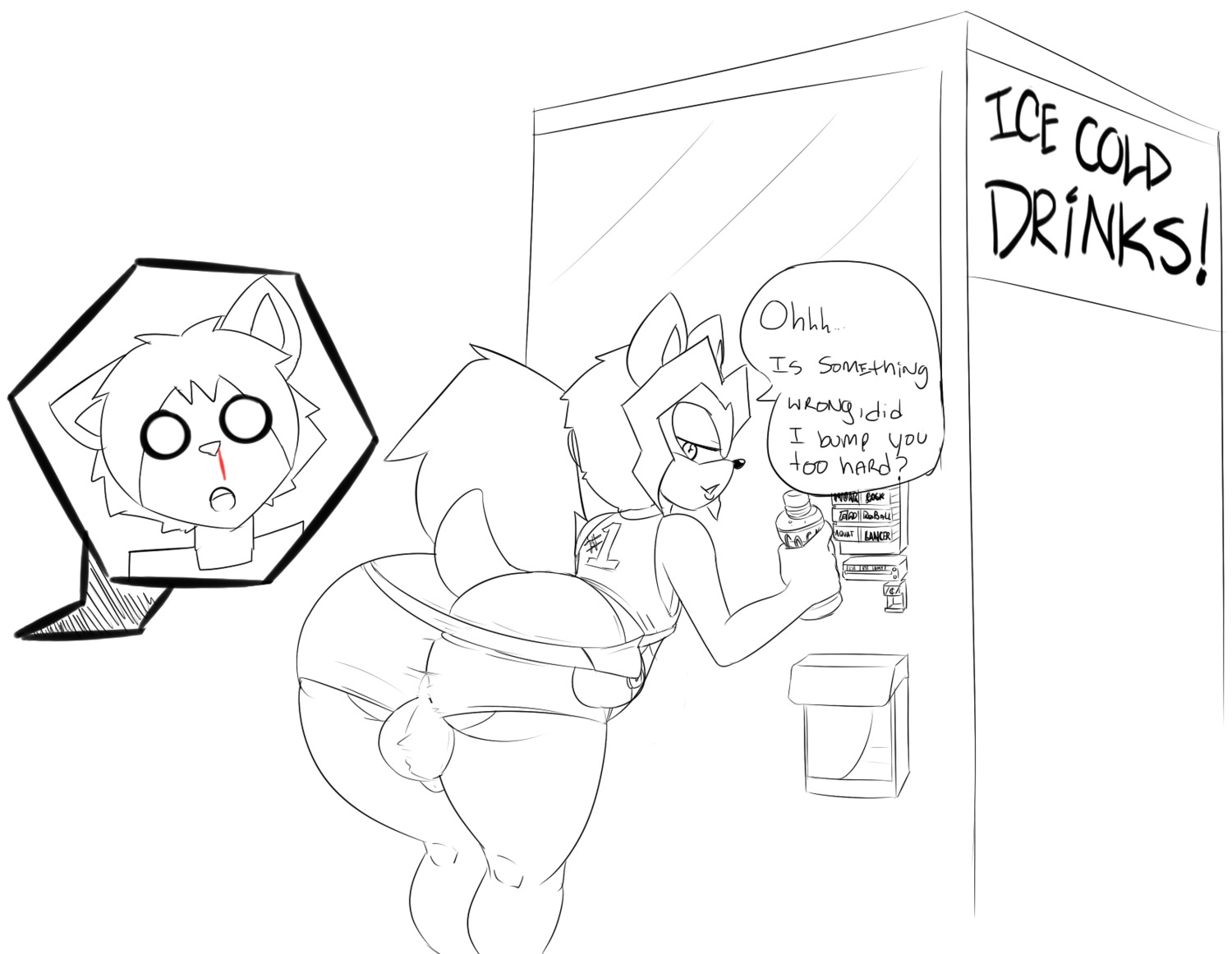 anime_nosebleed balls_outline big_butt blood bodily_fluids bottle bottomwear bulge butt butt_cleavage canid canine canis clothing container detailed_bulge domestic_dog duke_(thecon) duo e621 eulipotyphlan femboy genital_outline hedgehog hi_res huge_butt machine male mammal mother_(lore) naughty_face nosebleed pants parent_(lore) penis_outline presenting presenting_hindquarters sega solo_focus sonic_the_hedgehog_(series) tail text thecon vending_machine water_bottle wide_hips yuki_sairenji-noroi
