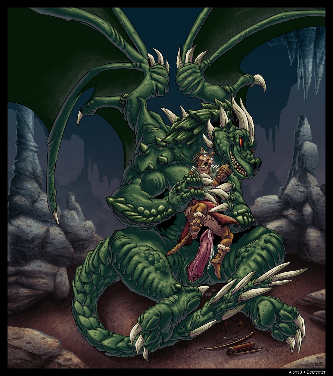 2011 alpha0 anthro arrow_(weapon) beefeater bethesda_game_studios black_border bodily_fluids border bow_(weapon) cum d: dominant dragon duo e621 erection felid forced genital_fluids genitals green_body green_scales hi_res imminent_anal imminent_rape imminent_sex inside interspecies intimidation it'll_never_fit khajiit larger_dom male male/male mammal membrane_(anatomy) membranous_wings microsoft muscular mythological_creature mythological_scalie mythology penis precum quiver_(object) ranged_weapon scales scalie shocked size_difference skyrim tail the_elder_scrolls weapon wings