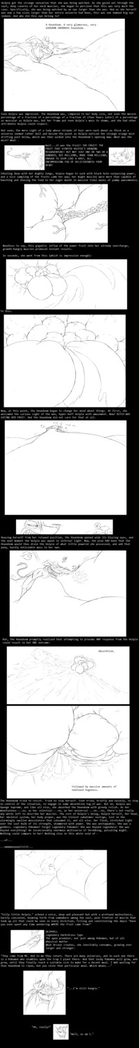 absurd_res anthro anthrofied big_breasts breasts canid canine deiphyll duo e621 english_text female food fruit generation_1_pokemon generation_2_pokemon growth hi_res houndoom huge_breasts hyper hyper_breasts long_image mammal multi_tail muscle_growth muscular muscular_female nintendo plant pokemon pokemon_(species) pokemorph profanity saxxon tail tall_image text vulpix