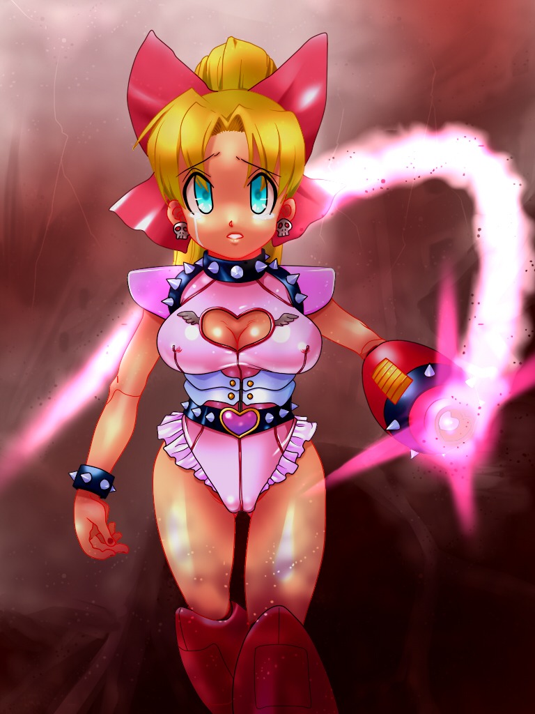 breasts cameltoe cleavage collar corruption female huge_eyes mega_man mega_man_(classic) nipples pussy roll_(mega_man) rule34 ryuney tear weapon