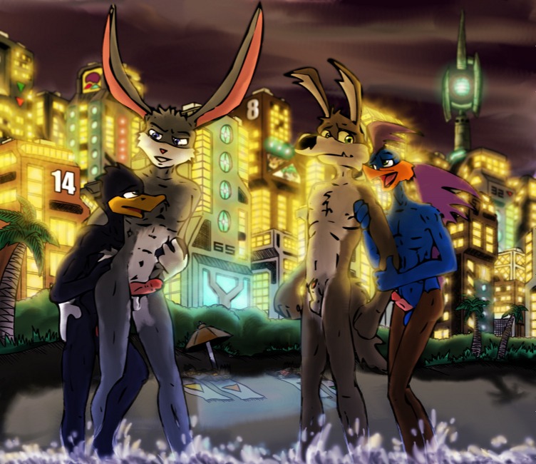 ace_bunny anthro danger_duck loonatics_unleashed male rev_runner rule34 soft_feathers tech_e._coyote warner_brothers