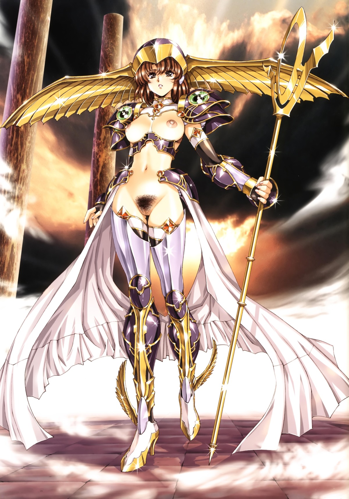 1girls armor boots bottomless bracer breastless_clothes breasts brown_eyes brown_hair elbow_gloves female fingernails gloves head_wings helmet high_heels high_resolution nail nail_polish navel no_panties pubic_hair revealing_clothes rule34 shoes solo staff thigh_boots thighhighs urushihara_satoshi warrior weapon winged_helmet wings