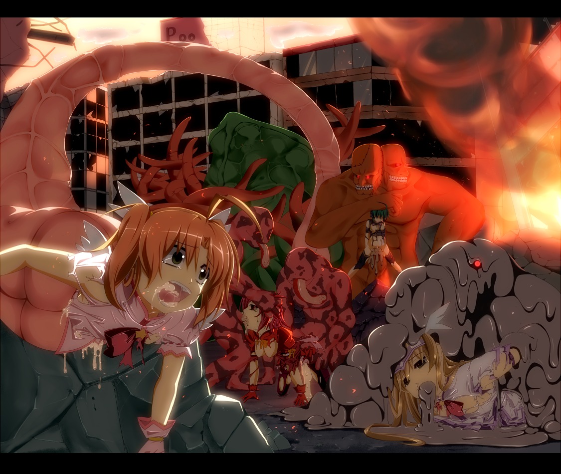 4girls artist_request female monster multiple_females multiple_girls open_mouth rule34 source_request tentacle vore