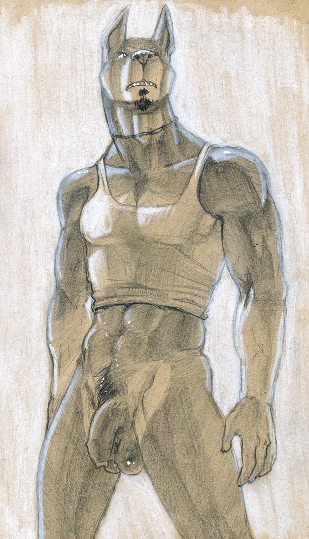 2011 anthro balls bottomless canid canine canis clothed clothing cropped_ears dobermann domestic_dog e621 facial_hair flaccid foreskin genitals goatee graphite_(artwork) humanoid_genitalia humanoid_penis jewelry male mammal monochrome muscular muscular_anthro muscular_male necklace penis pinscher pose simple_background solo traditional_media_(artwork) tush_(artist)