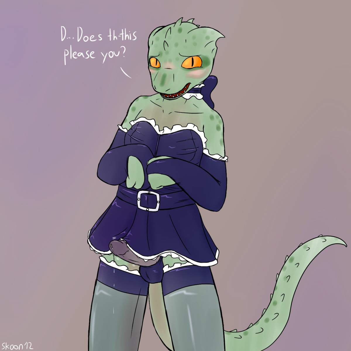 1:1 2012 anthro argonian balls biped blush bodily_fluids bottomwear clothed clothing conditional_dnp crossdressing cum dialogue digital_media_(artwork) e621 embarrassed english_text erection femboy genital_fluids genitals hi_res legwear looking_at_viewer maid_uniform male microsoft open_mouth orange_eyes penis precum scalie serafina_(skoon) simple_background skirt skoon solo spines stockings tail text the_elder_scrolls the_lusty_argonian_maid uniform