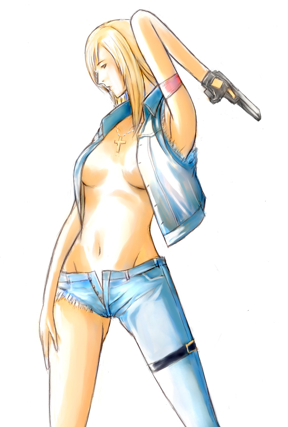 armpits asymmetrical_clothes aya_brea blonde_hair clothes cross cutoffs denim error female firearm furubokko gun hair hand_on_thigh handgun handwear highres human jeans jewelry mound_of_venus necklace neckwear no_bra one_pantsleg open_clothes open_shirt outerwear pale_skin parasite_eve pistol profile rule34 semiautomatic shirt simple_background single_pantsleg thigh_strap torn_clothes torn_jeans unbuttoned vest weapon
