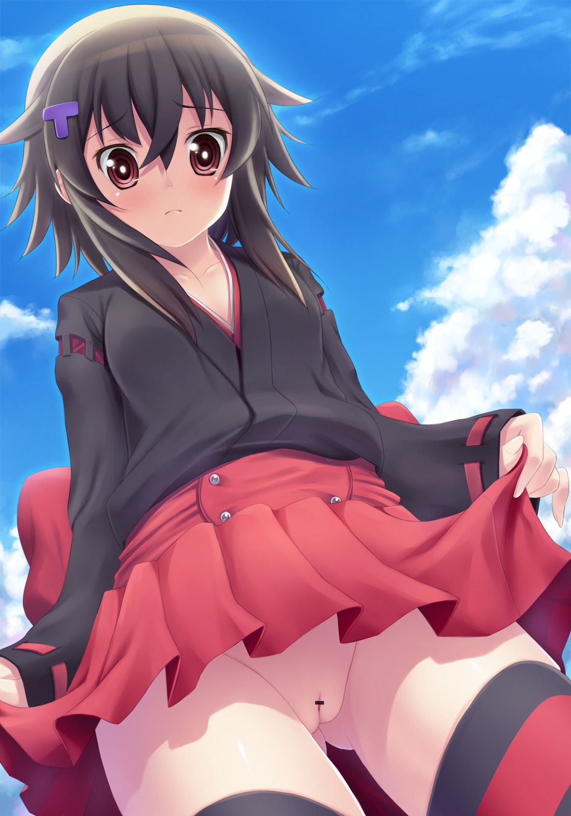 brown_eyes brown_hair censored female fujirin hair_ornament hi_res high_resolution highres japanese_clothes no_panties original payot pointless_censoring pussy rule34 skirt skirt_lift solo striped striped_legwear striped_thighhighs thighhighs