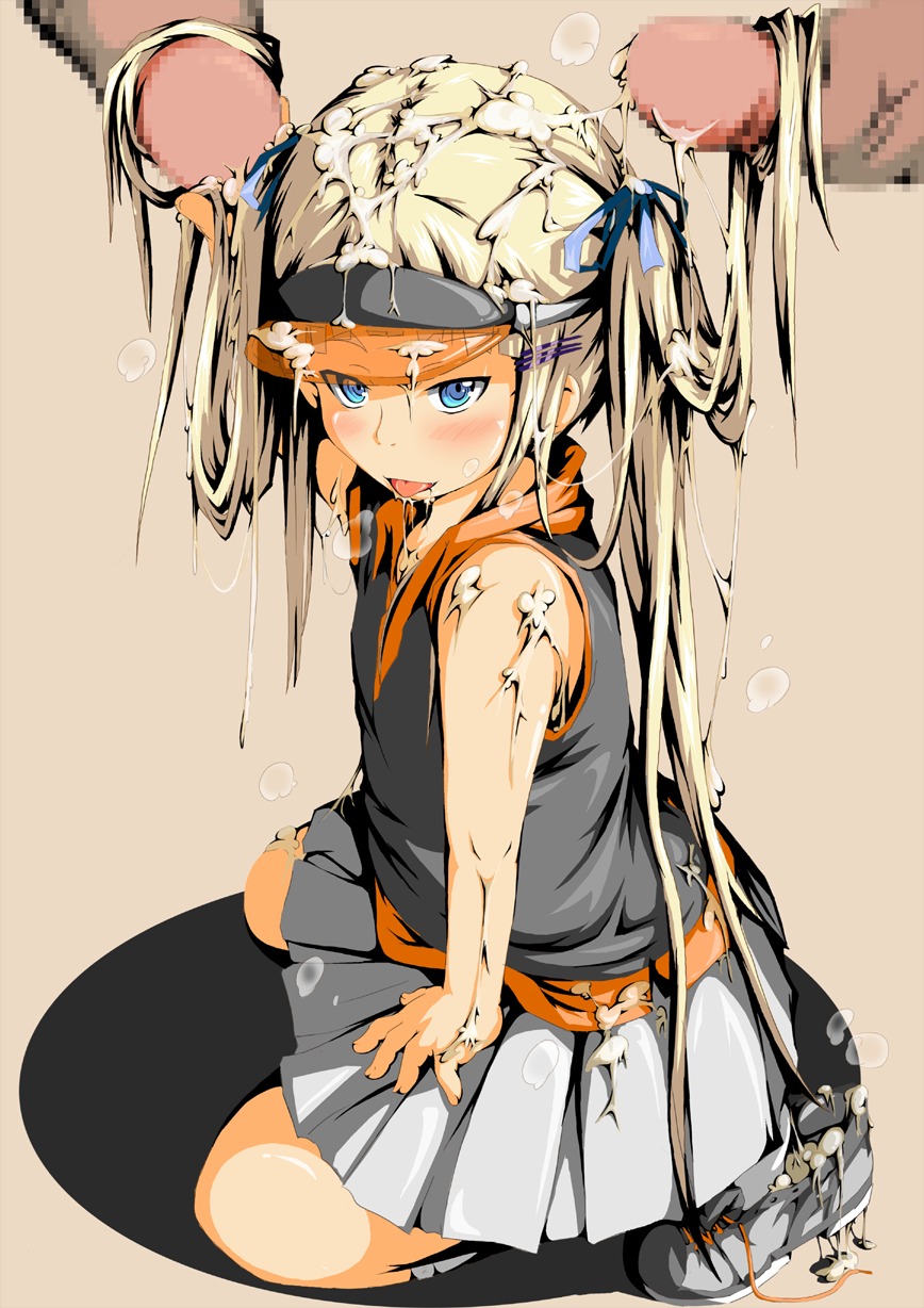 aqua_eyes blonde_hair blush bukkake censored character_request cum cum_in_shoes cum_on_hair cumdrip hairjob high_resolution huge_cock kneeling long_hair male penis rule34 shi_yusu skirt tied_hair tongue twintails