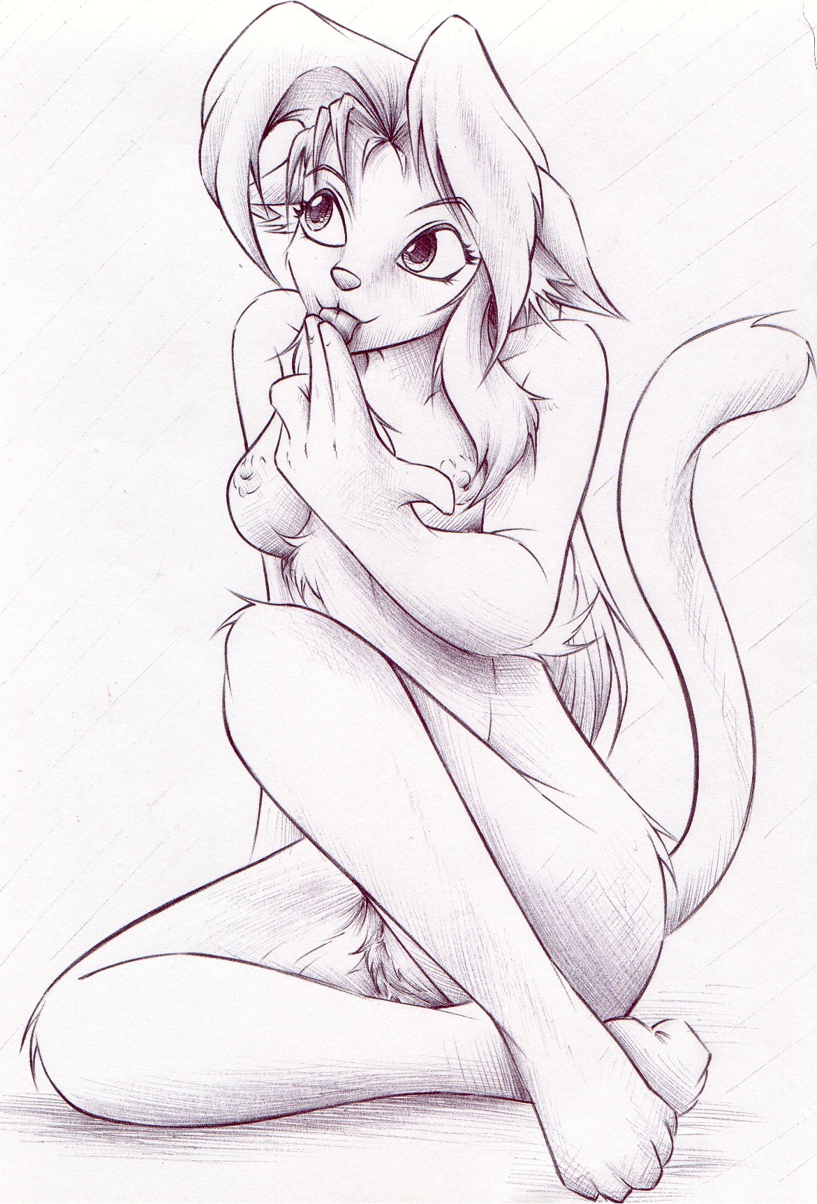 breasts chest_tuft domestic_cat e621 felid feline felis female fur hi_res licking mammal monochrome mysticalpha nipples nude pen_(artwork) sketch solo tail tongue tongue_out traditional_media_(artwork) tuft