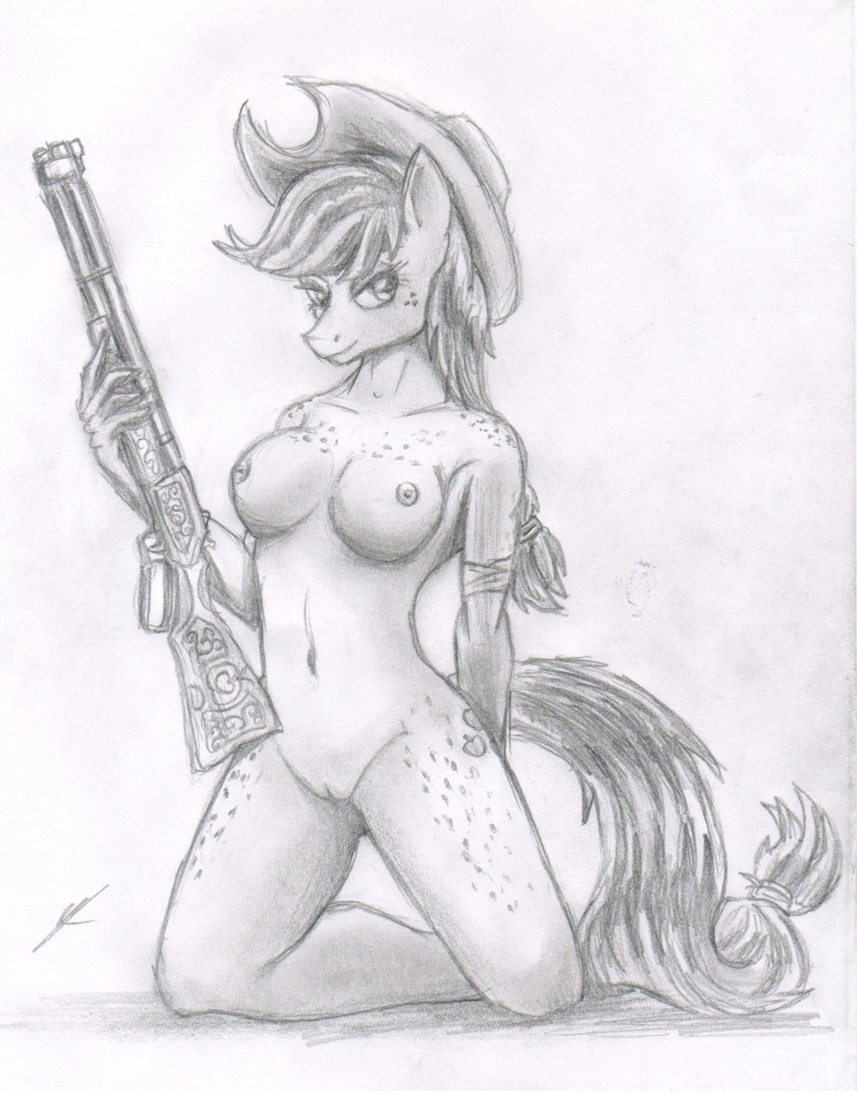 anthro anthrofied applejack_(mlp) biped breasts clothing e621 earth_pony equid equine female freckles friendship_is_magic genitals gun hasbro hat hat_only headgear headgear_only headwear headwear_only hi_res horse kneeling looking_at_viewer mammal monochrome mostly_nude my_little_pony navel nipples pony ranged_weapon rifle signature solo tacticalfur vulva weapon
