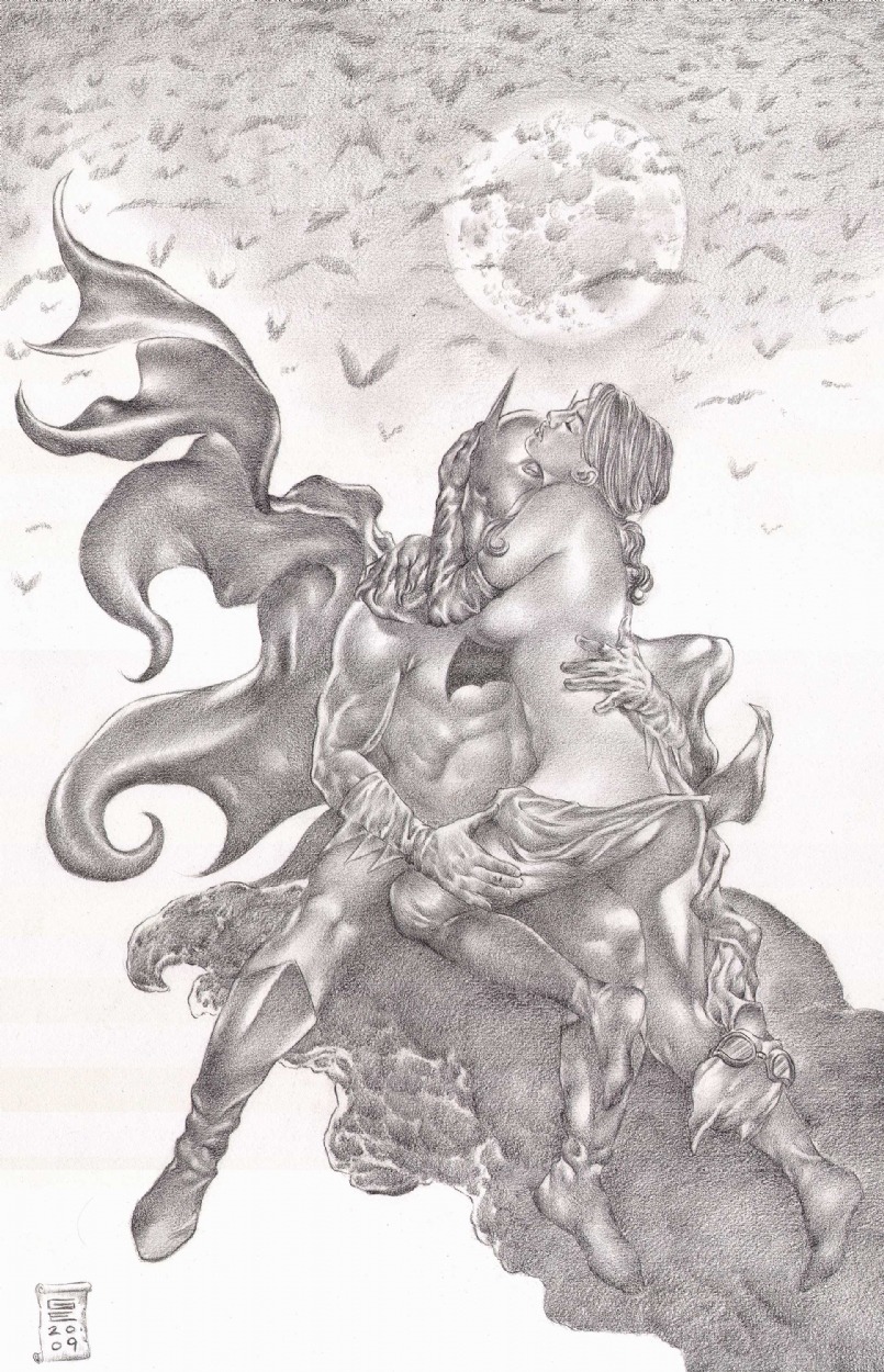 1boy 1girls 2009 batman batman_(bruce_wayne) batman_(series) bruce_wayne catwoman dc dc_comics female gene_espy male monochrome rule34 selina_kyle tagme