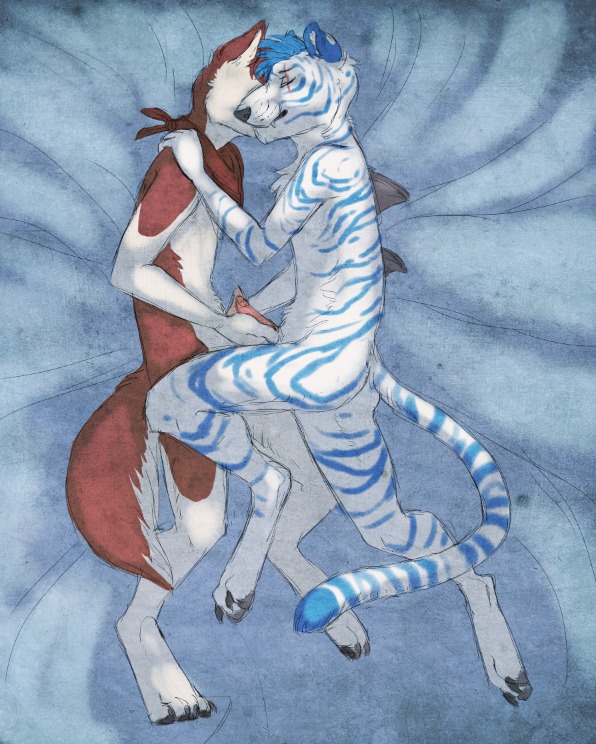 anthro aquatic bed butt canid canine canis cenny domestic_dog duo e621 erection felid fin fish fondling furniture genitals grope husky hybrid male male/male mammal nordic_sled_dog nude odvunir penis pinstripedtiger shark spitz storm-tiger storm_(tiger/shark)_(storm-tiger) tail
