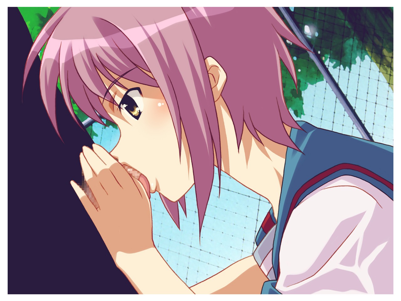 1boy 1girls adult_and_teenager age_difference asian blowjob brown_eyes censored clothing cute deep_blowjob deepthroat fellatio female fringe human iroiro kneeling light-skinned_female light_skin male mosaic_censoring nagato_yuki oral pale-skinned_female pale_skin penis petite pink_hair purple_hair rule34 school school_uniform schoolgirl short_hair skinny slim straight suzumiya_haruhi_no_yuuutsu teenager tongue violet_hair