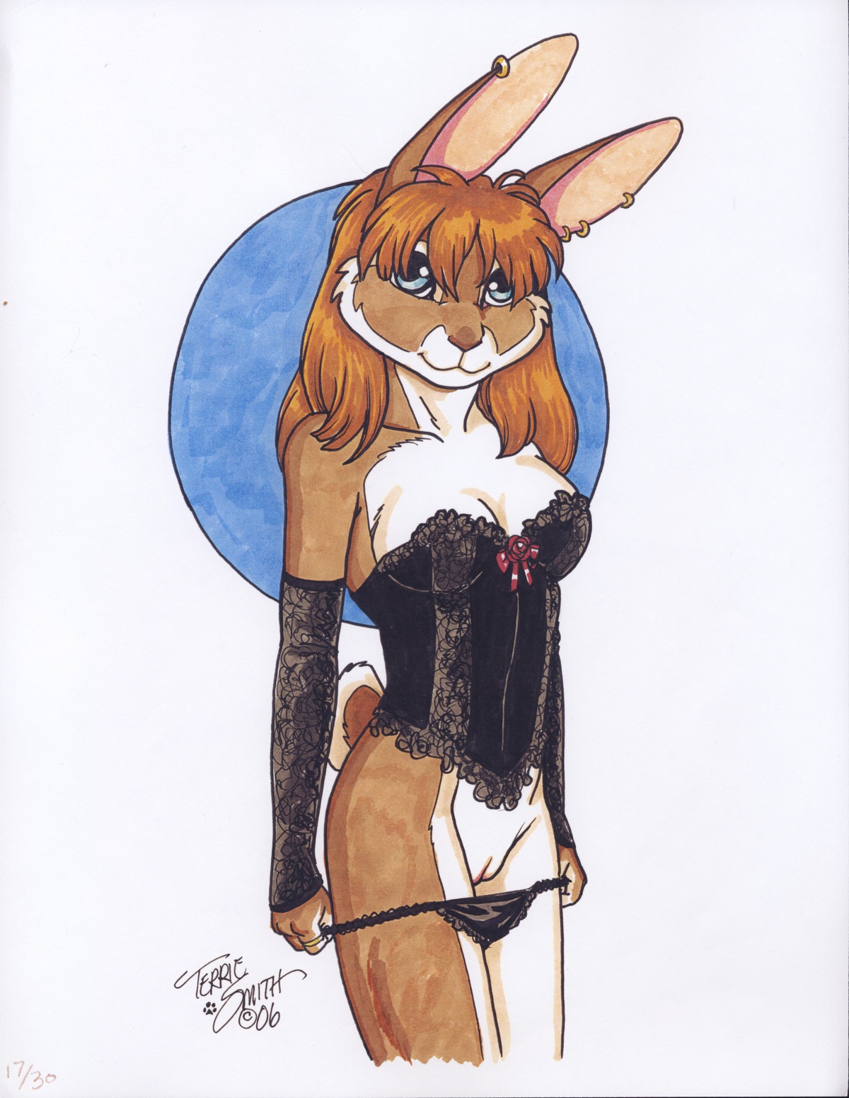 2006 absurd_res anthro breasts cleavage clothed clothing e621 ear_piercing female genitals hi_res lagomorph leporid lingerie looking_at_viewer mammal piercing pinup pose rabbit signature solo terrie_smith traditional_media_(artwork) undressing vulva