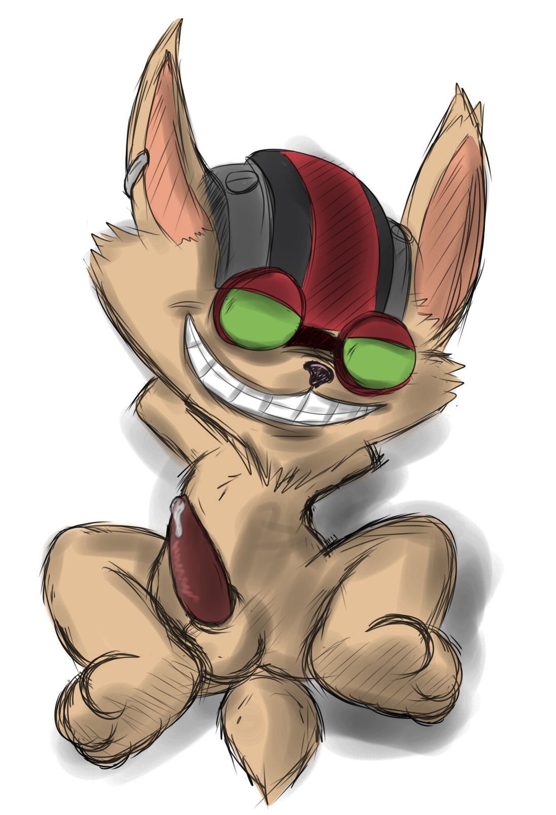 anthro balls bodily_fluids e621 ear_piercing emenius erection eyewear genital_fluids genitals goggles hi_res league_of_legends male penis piercing precum riot_games solo tencent yordle young young_anthro young_male ziggs_(lol)