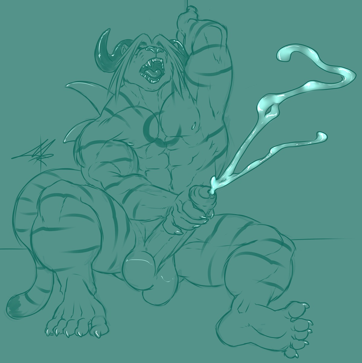 5_toes abs anthro balls biceps blue_and_white bodily_fluids claws cum cumshot e621 ejaculation erection feet felid genital_fluids genitals hi_res hindpaw horn humanoid_feet humanoid_genitalia humanoid_penis male mammal masturbation modem_redpill monochrome muscular muscular_anthro muscular_male nude open_mouth orgasm orgasm_face paws pecs penile penile_masturbation penis plantigrade soles solo tail teeth toe_claws toes