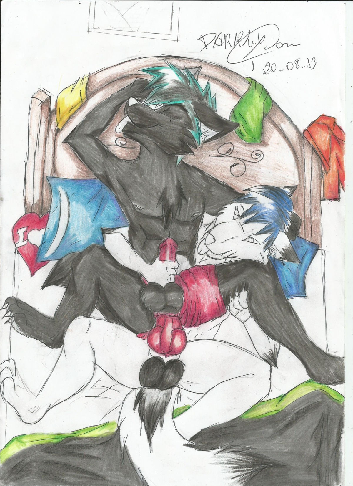 anal anal_penetration anthro anus balls bed canid canine canis clothed clothing clothing_aside darklycan duo e621 erection eyes_closed furniture genitals handjob hi_res lying male male/male male_penetrated male_penetrating male_penetrating_male mammal nude on_back penetration penile penis sex tongue tongue_out topless wolf
