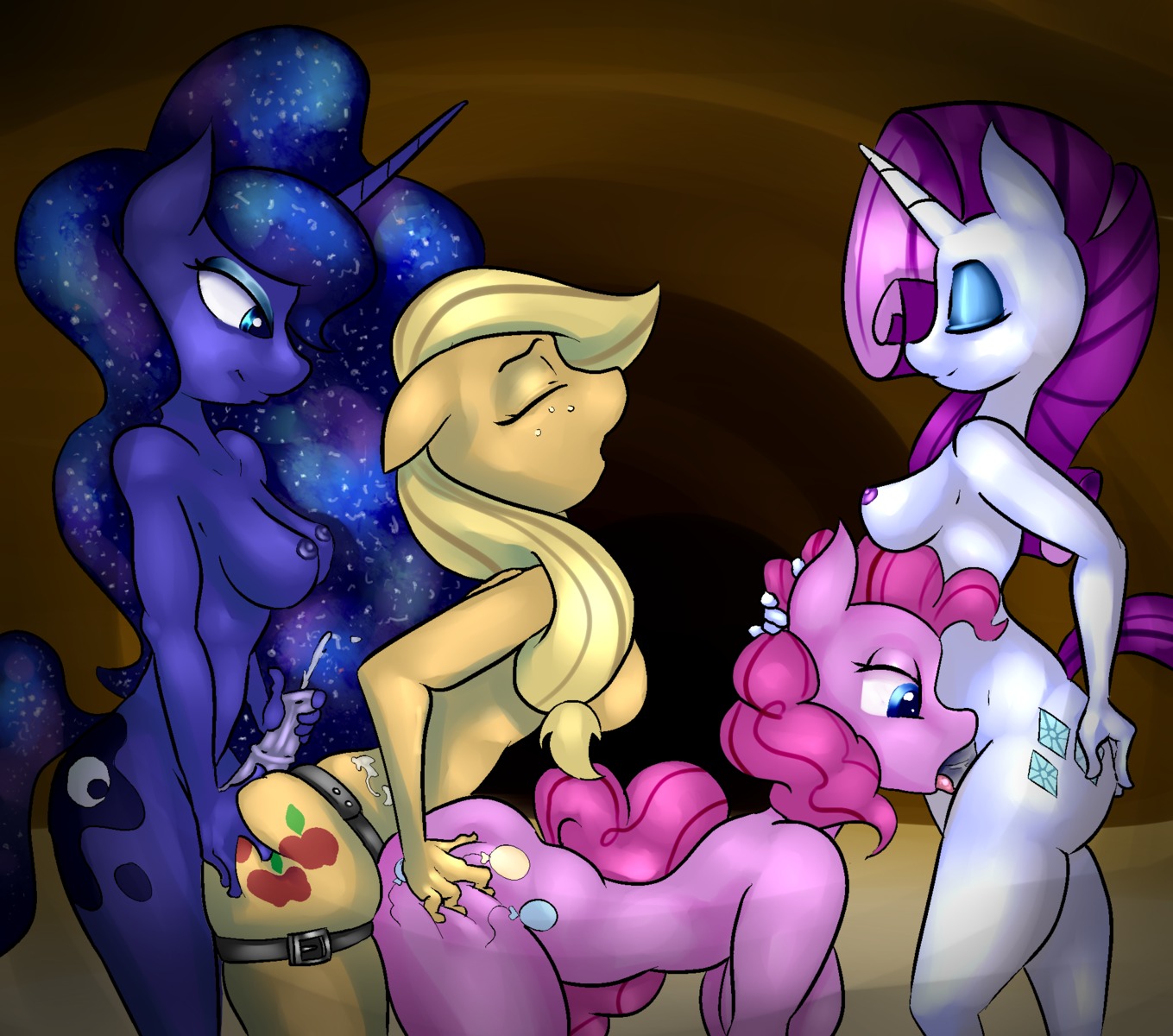 2013 all_fours ambiguous_penetration anthro anthrofied applejack_(mlp) blonde_hair blue_body blue_eyes blue_fur bodily_fluids breasts cum cumshot cutie_mark dildo doggystyle double_penetration e621 earth_pony ejaculation equid equine erection eyes_closed fellatio female female_penetrating freckles friendship_is_magic from_behind_position fur genital_fluids genitals group group_sex gynomorph gynomorph_penetrating hair hasbro heavyperscription hi_res horn horse hot_dogging intersex intersex_penetrating mammal my_little_pony mythological_creature mythological_equine mythology nude open_mouth oral oral_penetration orange_body orange_fur orgasm penetration penile penis pink_body pink_fur pink_hair pinkie_pie_(mlp) pony princess_luna_(mlp) rarity_(mlp) sex sex_toy smile spitroast strapon tail tongue unicorn