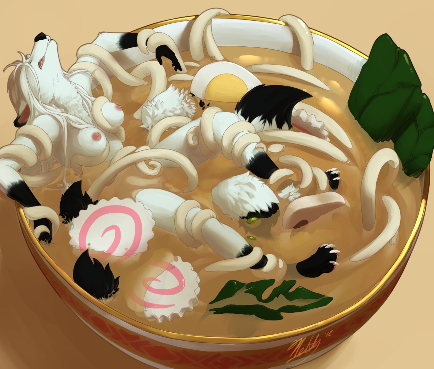 anthro blind bowl breasts canid canine container disability e621 egg female fluffy fluffy_tail food food_fetish food_play fox fur genitals hair hi_res high-angle_view long_hair mammal micro multi_tail neltruin nipples noodles nude partially_submerged penetration roxanne_(minty_freshness) sex simple_background solo soup tail tentacles vaginal vaginal_penetration vulva white_body white_fur white_hair