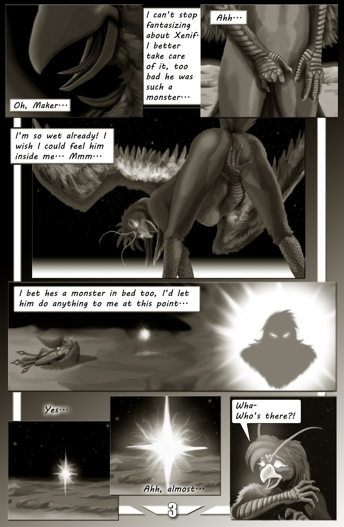 avian bird breasts comic e621 egyptian_mythology english_text european_mythology extinctioners featureless_breasts female greek_mythology hi_res masturbation middle_eastern_mythology monochrome mythological_avian mythological_bird mythological_creature mythological_firebird mythology non-mammal_breasts phenix phoenix sinon_(artist) solo space summoning text vaginal vaginal_masturbation xenif_(character)