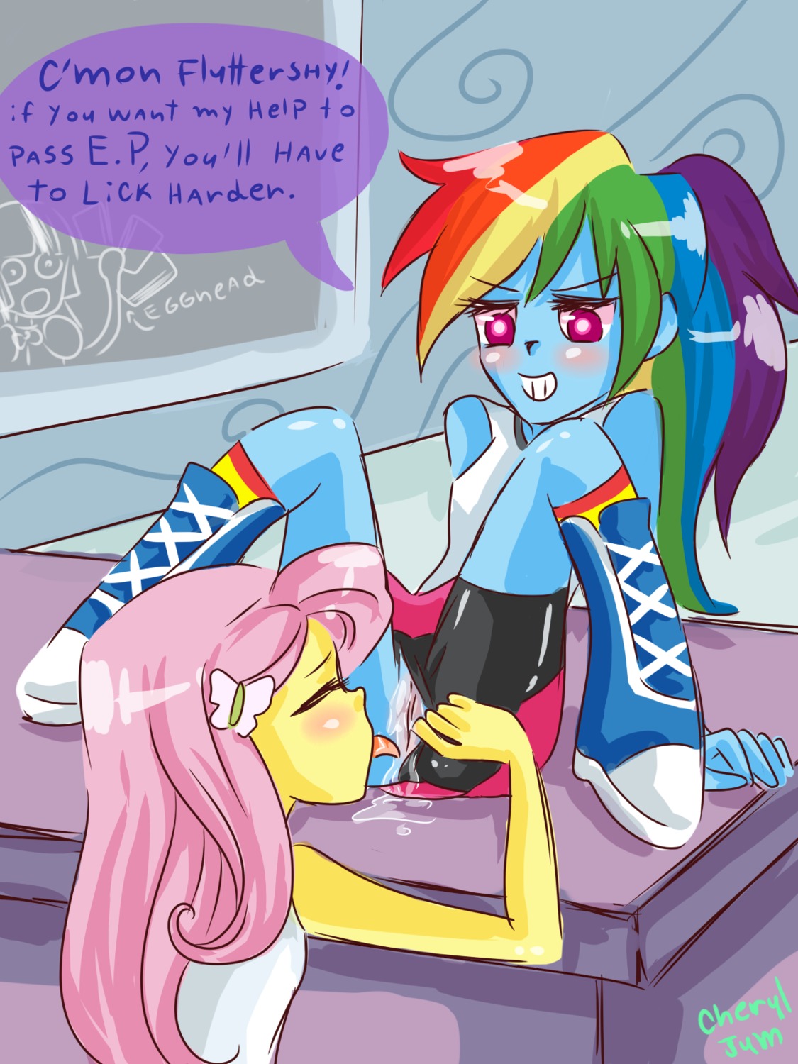 3:4 blue_body blue_skin blush bodily_fluids boots bottomless cheryl-jum clothed clothing cunnilingus dialogue duo e621 english_text equestria_girls eyes_closed female female/female female_human fluttershy_(eg) footwear genital_fluids genitals grandfathered_content hair hasbro hi_res human human_on_human intraspecies licking long_hair mammal multicolored_hair my_little_pony not_furry oral pink_hair purple_eyes rainbow_dash_(eg) rainbow_hair sex shoes sitting smile sneaker_boots spread_legs spreading text tongue tongue_out twilight_sparkle_(eg) undressing vaginal vaginal_fluids vulva yellow_body yellow_skin