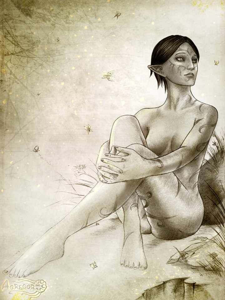 1girls 2d agregor artist_name breasts crossed_legs dalish_elf dragon_age dragon_age_2 elf elf_ears elf_female female female_only merrill_(dragon_age) monochrome nude nude_female pointy_ears rule34 short_hair sitting sketch solo solo_female tagme tattoo