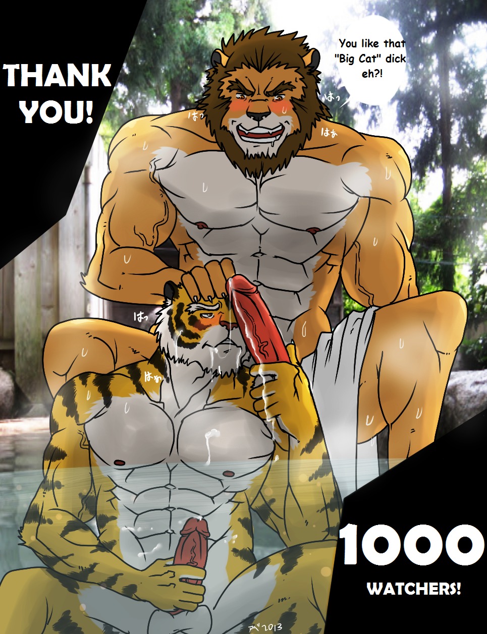 2013 abs animal_genitalia anthro anthro_on_anthro athletic balls biceps big_muscles big_penis black_body black_fur black_nose blush bodily_fluids bottomless brown_body brown_eyes brown_fur brown_hair claws clothed clothing crouching cum cum_on_chest cum_on_face cum_on_hand cum_on_penis cum_string cumshot dripping duo e621 ejaculation english_text erection fangs felid fur genital_fluids genitals get hair hand_on_head hand_on_penis handjob hentist hi_res humanoid_genitalia humanoid_penis leaking lion looking_at_genitalia looking_at_penis male male/male mammal markings masturbation muscular muscular_male nipples nude open_mouth orange_body orange_eyes orange_fur orgasm pantherine pecs penile penile_masturbation penis penis_grab penis_on_face pink_nose pose presenting red_penis sex sheath shishimaru_genjurou sitting spread_legs spreading stripes sweat tan_body tan_fur teeth text tiger topless toragami_gaou towel vein water white_body white_fur