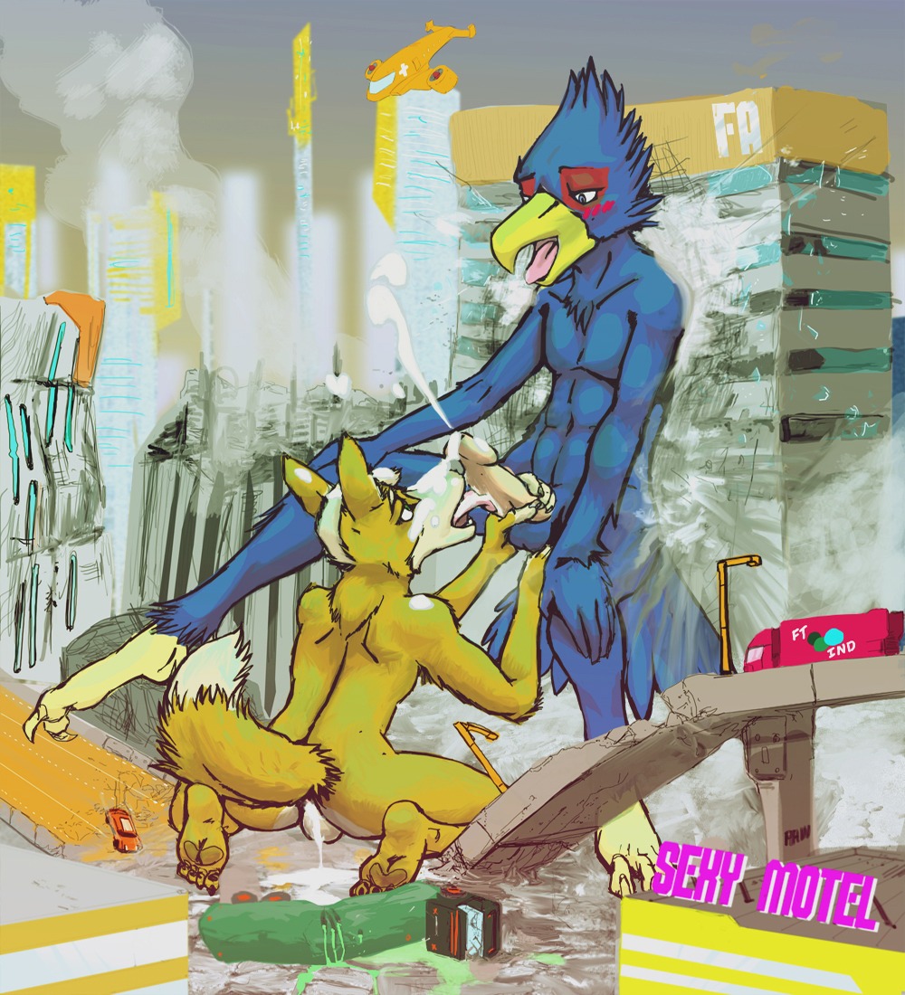 anthro anthro_on_anthro avian backsack balls beak bird blue_body blue_feathers bodily_fluids butt canid canine city city_destruction cum cumshot destruction duo e621 ejaculation erection falco_lombardi feathers fellatio fox fox_mccloud genital_fluids genitals humanoid_genitalia humanoid_penis interspecies licking macro male male/male male_penetrated male_penetrating male_penetrating_male mammal nintendo oral orgasm penetration penile penis penis_lick rain420 sex star_fox tail tongue tongue_out