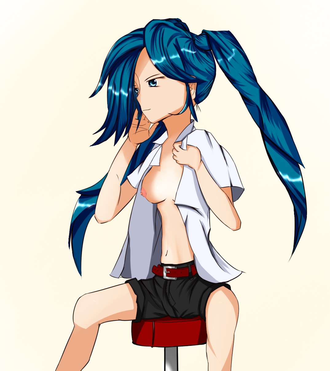 1girl belt black_shorts blue_eyes blue_hair breasts female hatsune_miku long_hair medium_breasts navel nipples open_clothes open_shirt rule34 shirt shorts sitting solo stool tagme twintails vocaloid