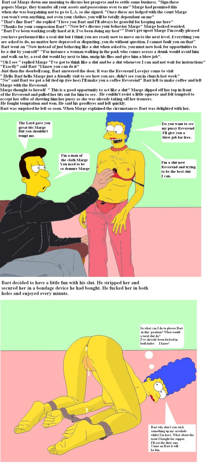 blue_hair bondage bound breasts clothes color english_text female hair human male marge_simpson nipples rule34 standing straight tagme text the_simpsons timothy_lovejoy