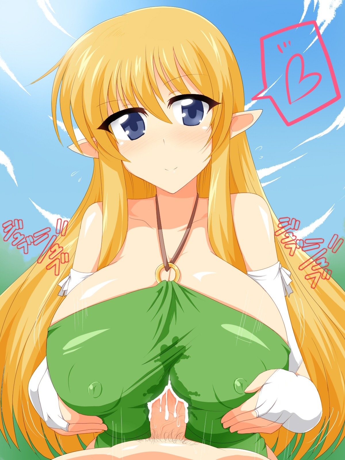 1boy 1girls big_breasts blonde_hair blue_eyes blush breasts clothed_female_nude_male clothed_paizuri clothing covered_nipples cum erect_nipples erect_nipples_under_clothes female gloves highres large_breasts light-skinned_female light-skinned_male light_skin long_hair male nipples overlordzeonmk3 paizuri paizuri_under_clothes penis pointy_ears pubic_hair rule34 smile straight tiffania_westwood titfuck uncensored wedge zero_no_tsukaima zzz